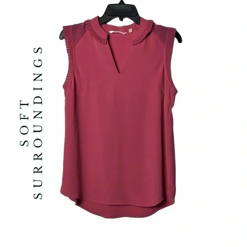 1722. SOFT SURROUNDINGS SLEEVELESS‎ RUFFLE V NECK TOP SIZE XSMALL MAUVE PINK
